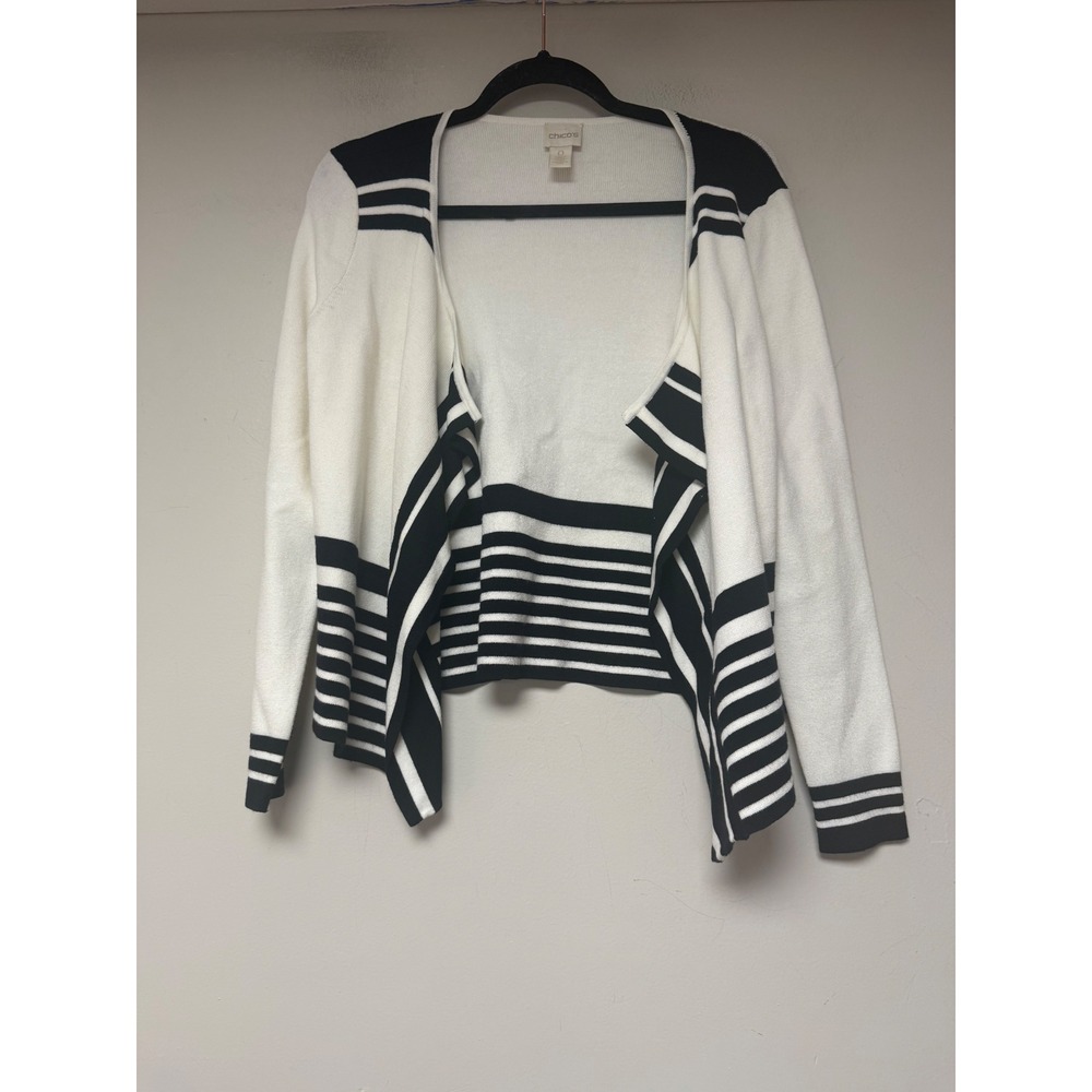 Chico's Striped Open Front Cardigan Women Size 0 Small White Black Excellent